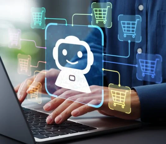 AI becomes customer. Man using laptop computer to give instructions to AI at desk.