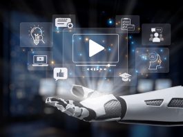 A robot hand showcases various digital media icons, representing technology and innovation in artificial intelligence and communication, set in a modern, futuristic environment. AI Video Generation concept