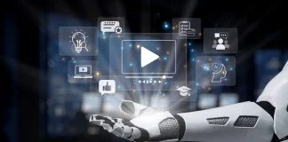 A robot hand showcases various digital media icons, representing technology and innovation in artificial intelligence and communication, set in a modern, futuristic environment. AI Video Generation concept