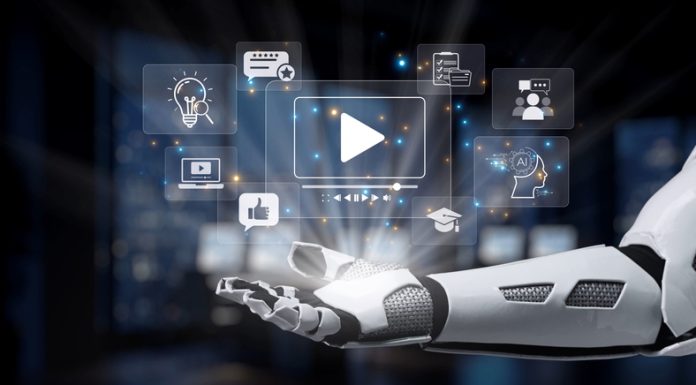 A robot hand showcases various digital media icons, representing technology and innovation in artificial intelligence and communication, set in a modern, futuristic environment. AI Video Generation concept
