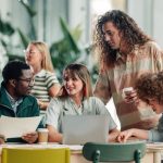 Diverse business team discussing marketing programs