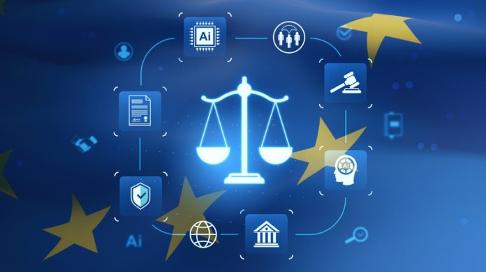 Digital justice scale surrounded by AI and tech-related legal icons on EU flag background representing regulation concept in artificial intelligence law. EU AI Act