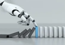 Robot hand stop crisis domino effect business, A.I. and machine technology, for AI app stack