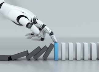 Robot hand stop crisis domino effect business, A.I. and machine technology, for AI app stack