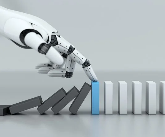 Robot hand stop crisis domino effect business, A.I. and machine technology, for AI app stack