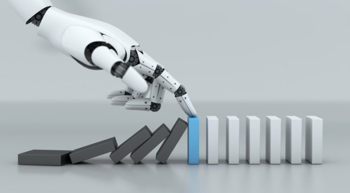 Robot hand stop crisis domino effect business, A.I. and machine technology, for AI app stack