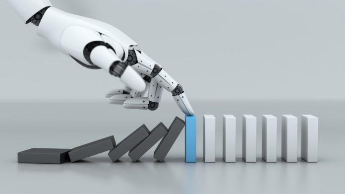 Robot hand stop crisis domino effect business, A.I. and machine technology, for AI app stack