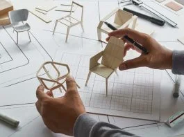 Designer sketching drawing design development product plan draft chair armchair Wingback Interior furniture prototype manufacturing production.