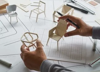 Designer sketching drawing design development product plan draft chair armchair Wingback Interior furniture prototype manufacturing production.
