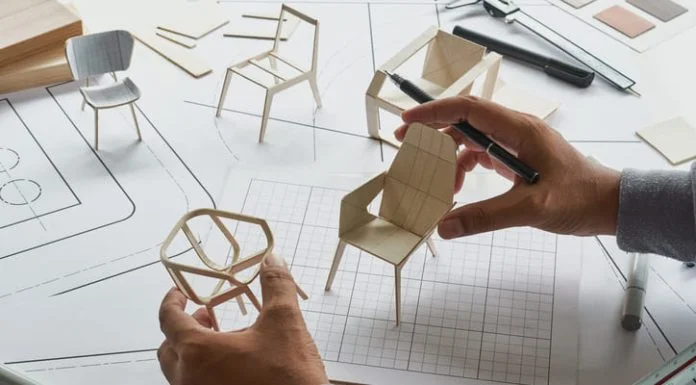 Designer sketching drawing design development product plan draft chair armchair Wingback Interior furniture prototype manufacturing production.