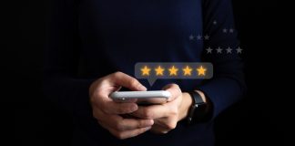 Satisfied customer experience concept, happy business customer using smartphone, the best review, High quality service, Most rated, the highest score, 5 stars, Social media very good.
