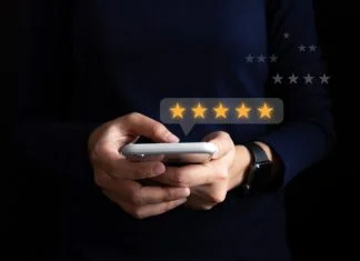 Satisfied customer experience concept, happy business customer using smartphone, the best review, High quality service, Most rated, the highest score, 5 stars, Social media very good.