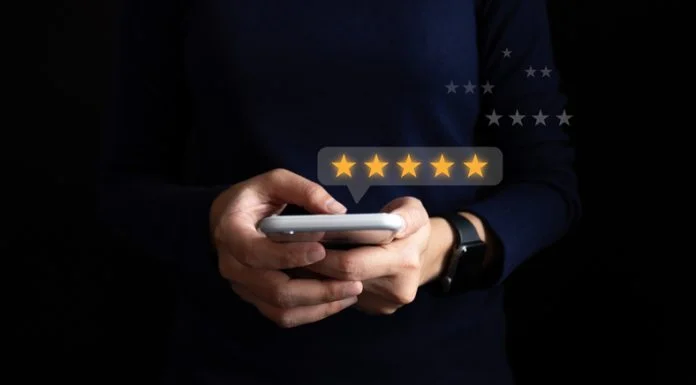 Satisfied customer experience concept, happy business customer using smartphone, the best review, High quality service, Most rated, the highest score, 5 stars, Social media very good.
