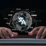 Man hand using keyboard to translation of foreign languages on website.Symbol of translation.Ai translator.