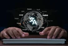 Man hand using keyboard to translation of foreign languages on website.Symbol of translation.Ai translator.