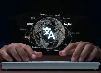 The Difference Between Machine Translation and Computer-Assisted Translation Man hand using keyboard to translation of foreign languages on website.Symbol of translation.Ai translator.
