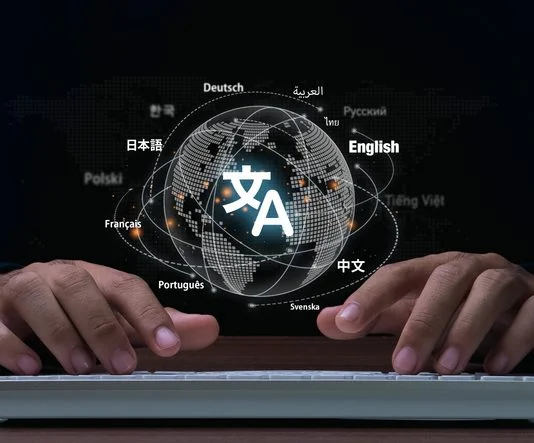 Man hand using keyboard to translation of foreign languages on website.Symbol of translation.Ai translator.