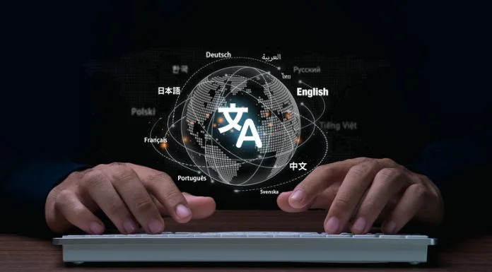 Man hand using keyboard to translation of foreign languages on website.Symbol of translation.Ai translator.