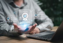 Assessment for certificate and document approved concept, Businessman show certificate document online evaluation survey exam and choose the right answer in exam international standard certification