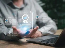 Assessment for certificate and document approved concept, Businessman show certificate document online evaluation survey exam and choose the right answer in exam international standard certification