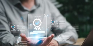 Assessment for certificate and document approved concept, Businessman show certificate document online evaluation survey exam and choose the right answer in exam international standard certification