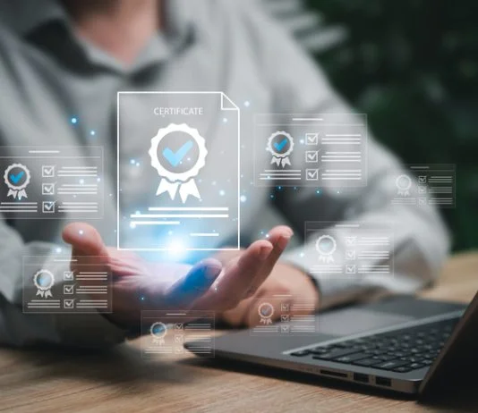 Assessment for certificate and document approved concept, Businessman show certificate document online evaluation survey exam and choose the right answer in exam international standard certification