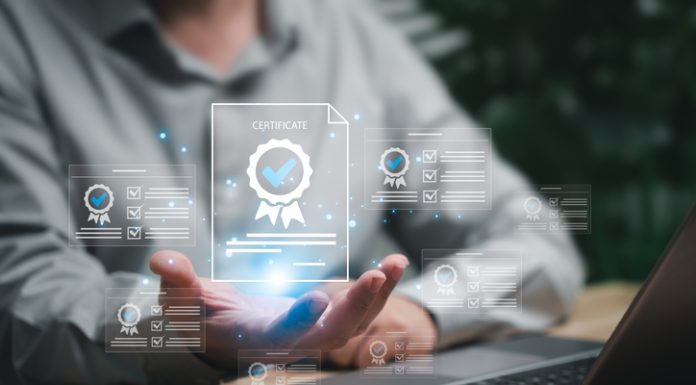 Assessment for certificate and document approved concept, Businessman show certificate document online evaluation survey exam and choose the right answer in exam international standard certification