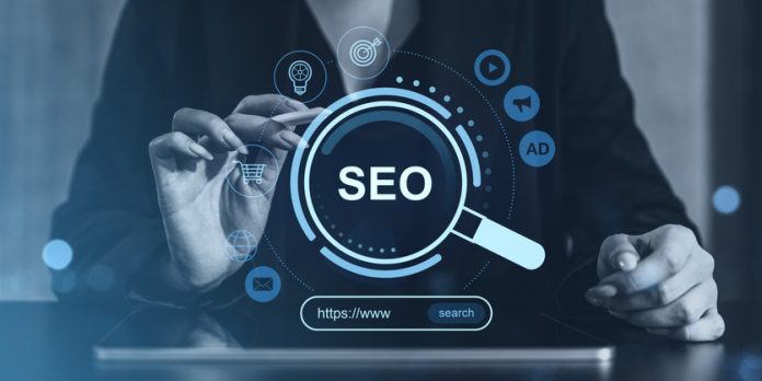 Businesswoman interacting with SEO hologram interface. SEO in 2026