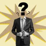 Businessman with question mark head on colorful comic-style background symbolizing curiosity and problem-solving in corporate environment. leadership transformation concept