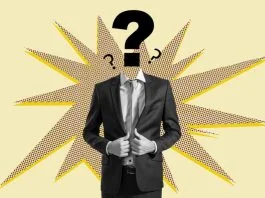 Businessman with question mark head on colorful comic-style background symbolizing curiosity and problem-solving in corporate environment. leadership transformation concept