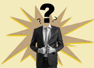 Businessman with question mark head on colorful comic-style background symbolizing curiosity and problem-solving in corporate environment. leadership transformation concept