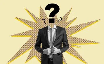Businessman with question mark head on colorful comic-style background symbolizing curiosity and problem-solving in corporate environment. leadership transformation concept