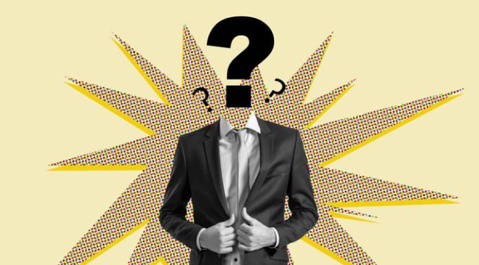 Businessman with question mark head on colorful comic-style background symbolizing curiosity and problem-solving in corporate environment. leadership transformation concept