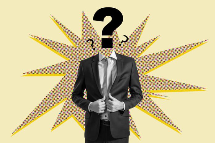 Businessman with question mark head on colorful comic-style background symbolizing curiosity and problem-solving in corporate environment. leadership transformation concept