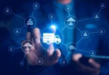 Smart Logistics and Modern Supply Chain Management. A businessman interacts digital ecosystem of parcel delivery, warehousing, and e-commerce, global shipping efficiency. AI, IoT, Big Data, transport. Agentic AI in Supply Chains