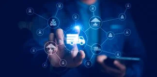 Smart Logistics and Modern Supply Chain Management. A businessman interacts digital ecosystem of parcel delivery, warehousing, and e-commerce, global shipping efficiency. AI, IoT, Big Data, transport. Agentic AI in Supply Chains