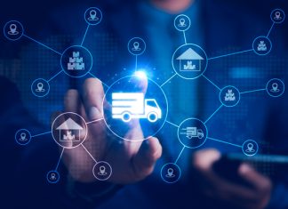 Smart Logistics and Modern Supply Chain Management. A businessman interacts digital ecosystem of parcel delivery, warehousing, and e-commerce, global shipping efficiency. AI, IoT, Big Data, transport. Agentic AI in Supply Chains