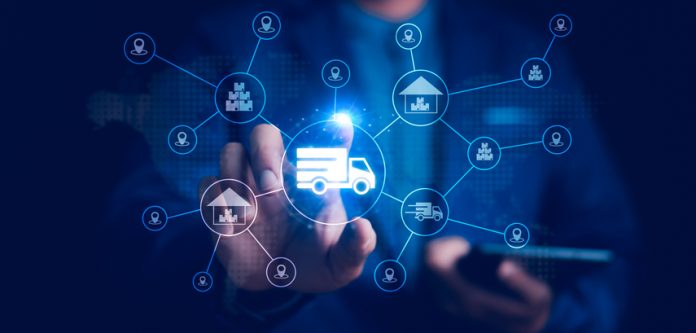 Smart Logistics and Modern Supply Chain Management. A businessman interacts digital ecosystem of parcel delivery, warehousing, and e-commerce, global shipping efficiency. AI, IoT, Big Data, transport. Agentic AI in Supply Chains