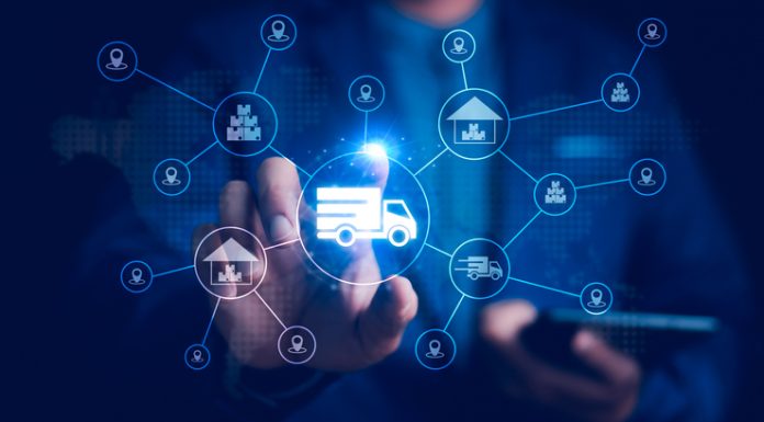 Smart Logistics and Modern Supply Chain Management. A businessman interacts digital ecosystem of parcel delivery, warehousing, and e-commerce, global shipping efficiency. AI, IoT, Big Data, transport. Agentic AI in Supply Chains