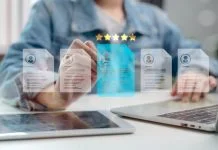 Human resource manager analyzing digital resumes with five-star rating system, selecting best candidate using AI technology and data-driven recruitment process.