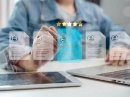5 Best Europass Alternatives: AI Resume Builders for Switzerland in 2026 Human resource manager analyzing digital resumes with five-star rating system, selecting best candidate using AI technology and data-driven recruitment process.