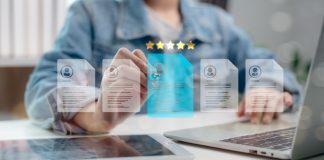 Human resource manager analyzing digital resumes with five-star rating system, selecting best candidate using AI technology and data-driven recruitment process.