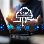 SaaS cloud computing concept with software as a service for business, data, and technology innovation, showing digital solutions, online services, and futuristic interface design.