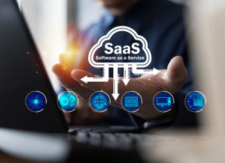 SaaS cloud computing concept with software as a service for business, data, and technology innovation, showing digital solutions, online services, and futuristic interface design.
