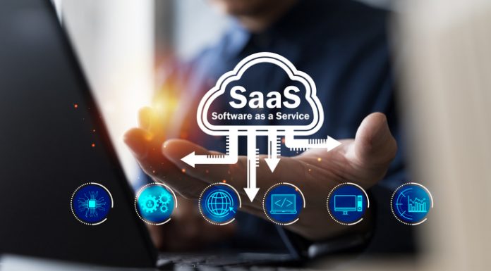 SaaS cloud computing concept with software as a service for business, data, and technology innovation, showing digital solutions, online services, and futuristic interface design.