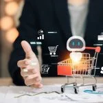 Artificial intelligence chatbot with shopping cart symbolizing e-commerce, online retail, digital marketing and automated customer service for future business solutions.AI Shopping Agents
