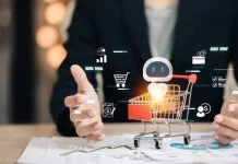 Artificial intelligence chatbot with shopping cart symbolizing e-commerce, online retail, digital marketing and automated customer service for future business solutions.AI Shopping Agents