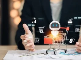 Artificial intelligence chatbot with shopping cart symbolizing e-commerce, online retail, digital marketing and automated customer service for future business solutions.AI Shopping Agents