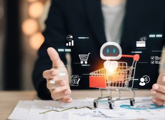 Artificial intelligence chatbot with shopping cart symbolizing e-commerce, online retail, digital marketing and automated customer service for future business solutions.AI Shopping Agents