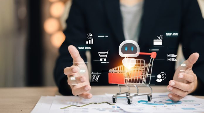 Artificial intelligence chatbot with shopping cart symbolizing e-commerce, online retail, digital marketing and automated customer service for future business solutions.AI Shopping Agents